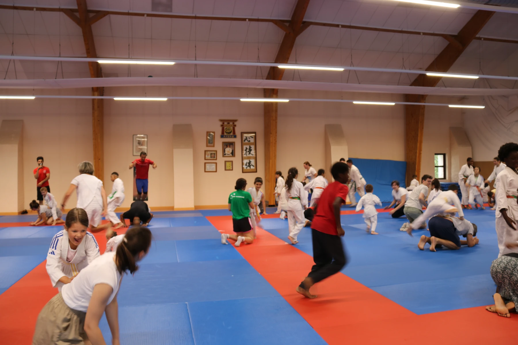 Vue d'ensemble du tatami où enfants et adultes en mouvement participent à un grand jeu au dojo.