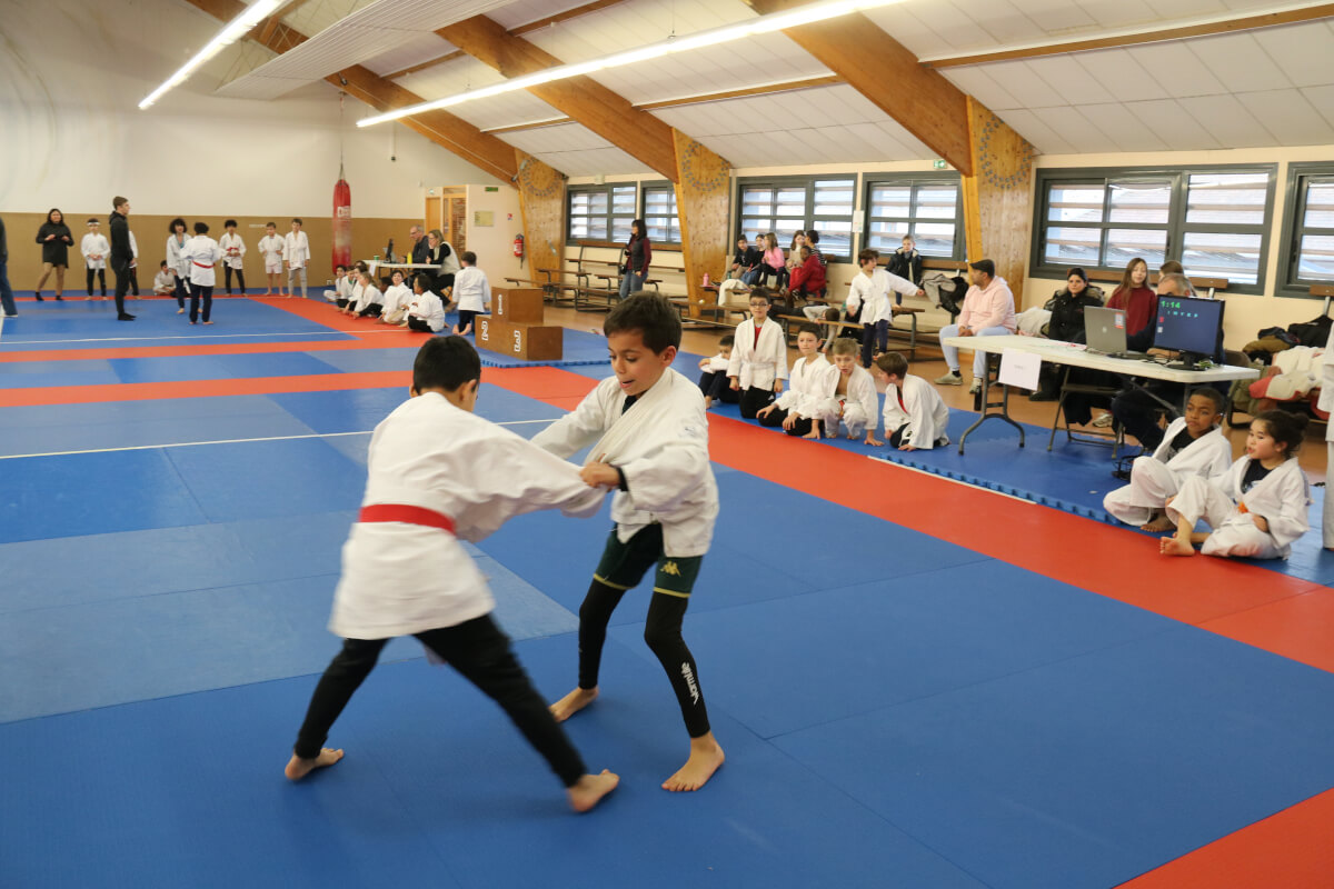 Judokas alignés avec leurs trophées, de différents âges, lors d'une remise de récompenses au dojo.